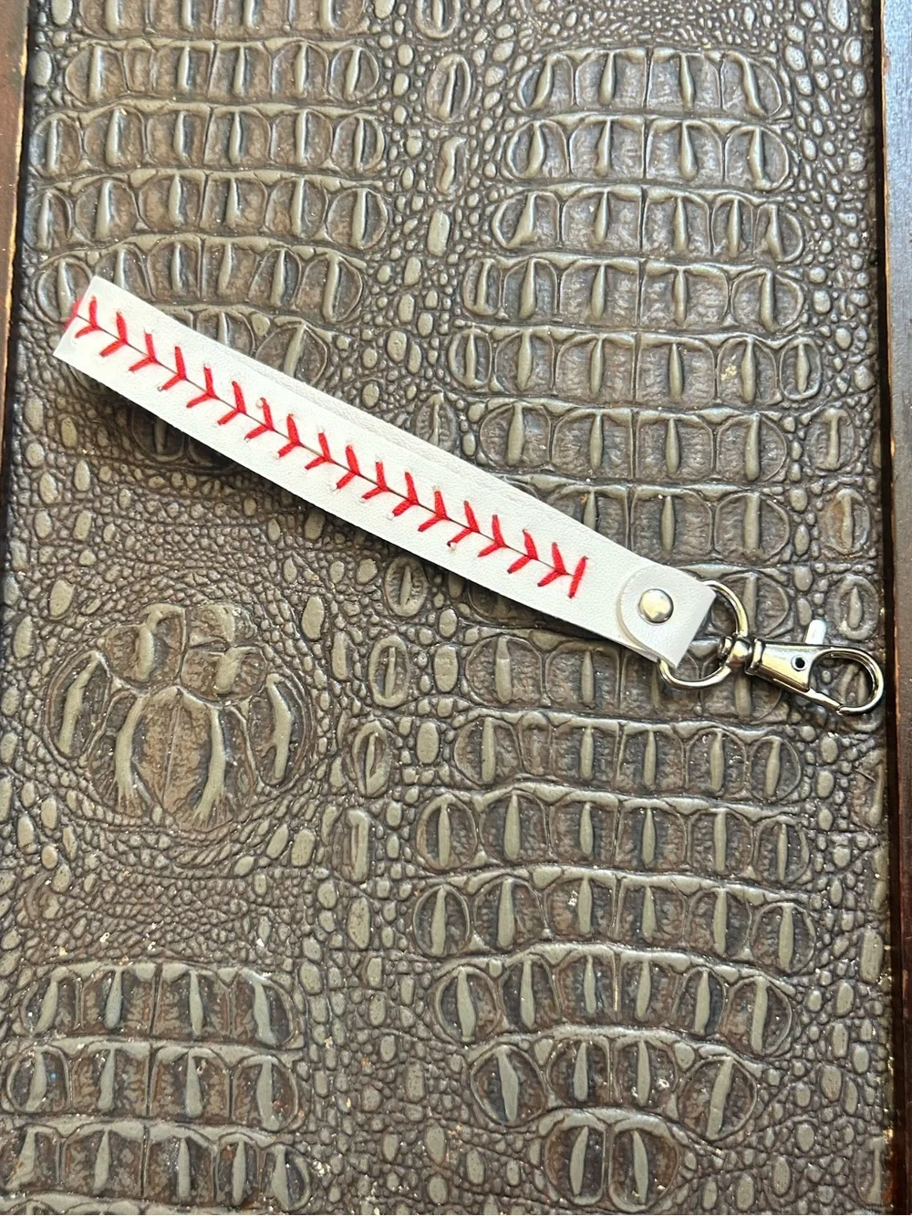 Baseball Stitch Faux Leather Wristlet Keychain Strap White & Red